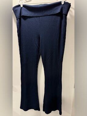 wild fable Navy Ribbed Flared Pull-On Pants with Fold-Over Waist